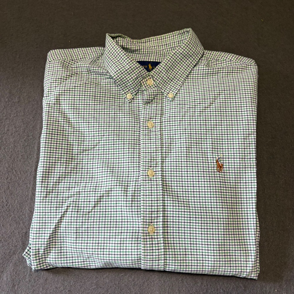 Ralph Lauren Button Down Shirt Mens XL Logo Blue White Checked Work Prep Cotton